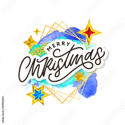Merry Christmas text decorated with hand drawn lettering with gold stars. Greeting card design element. Vector typography.