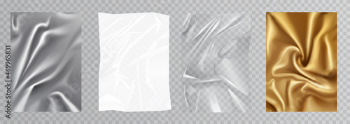 Plastic texture, silver gold foil and silk fabric cloth vector illustration set. 3d realistic crumpled package, golden luxury wrapper, polyethylene shiny silky material on transparent background