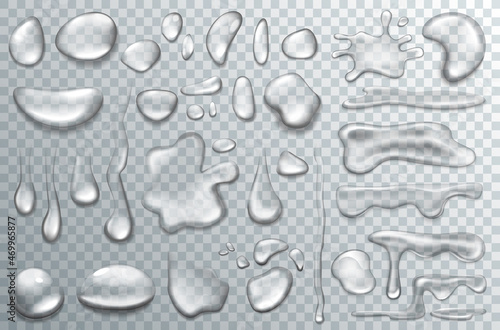 Water drop set, liquid transparent droplet vector illustration set. 3d realistic dew or rain, condensation clear bubbles on wet surface, macro closeup of shiny raindrops, environment object collection photo