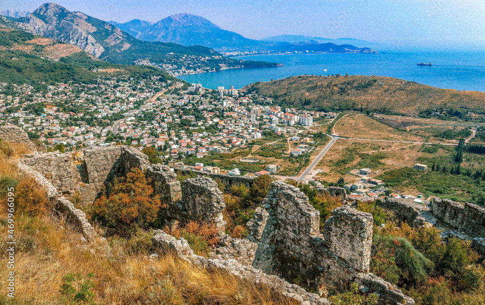 Ruins of the ancient Roman fortress Hai-Nehai in Montenegro, the panoramic view of the city of Sutomore. The mountains and Adriatic sea.