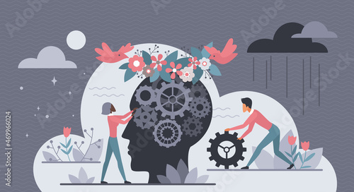 Mental health care vector illustration. Cartoon people and thinking process of human head with fly of birds and working gear in brain, floral background. Psychology, psychoanalysis, counseling concept