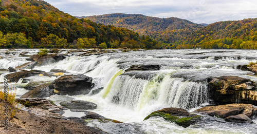 Sandstone Falls With Fall Color  New River Gorge National Park  West Virginia  USA