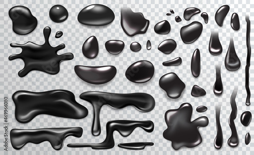 Black liquid droplets of different shapes set, top view vector illustration. 3d realistic puddles of fluid with shiny surface, paint or ink splashes, glossy blobs drip on transparent background