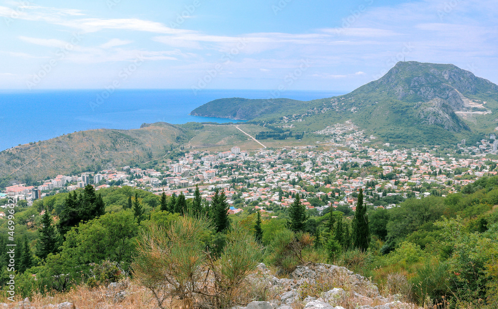View from the top of the mountain to the Balkan city of Sutomore and the Adriatic Sea. Montenegro.