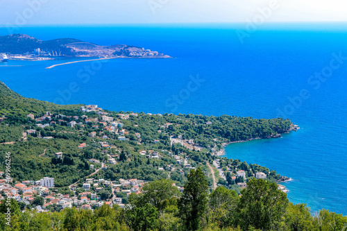 View from the top of the mountain to the Balkan cities of Bar and Shushan and the Adriatic Sea. Montenegro.