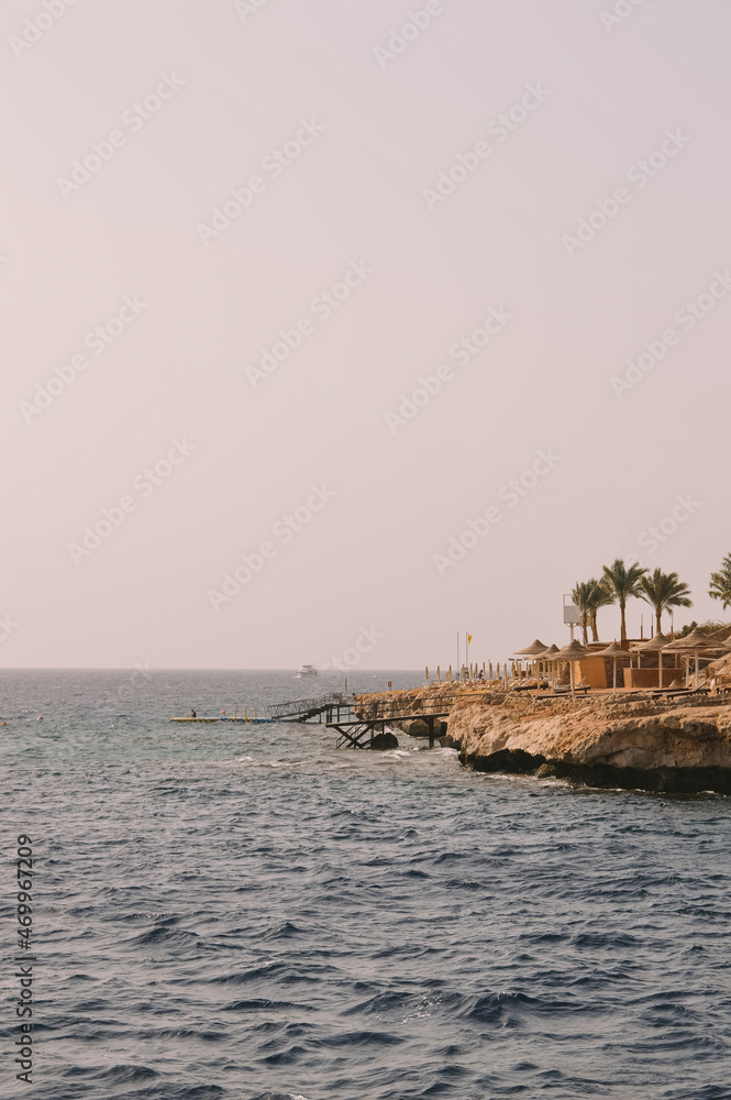 Fototapeta premium A lonely island in the blue sea. Rocky mail. Holidays in warm countries. Summer day. Green tall palm trees
