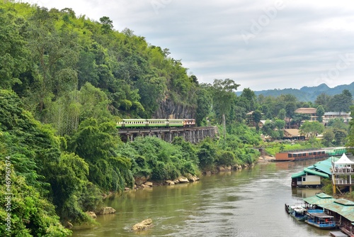 Scenery of Railway and Tham Kra Sae Bridge in Kanchanaburi Province photo