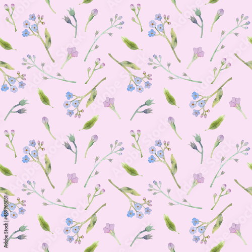Watercolor seamless floral pattern with forget-me-nots and green leaves on pink background. Hand drawn botanical pattern with blue wildflowers and greenery for textile  prints  wallpapers and wedding.