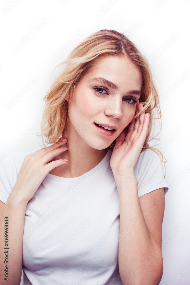 young pretty stylish blond hipster girl posing emotional isolated on white background happy smiling cool smile, lifestyle people concept young pretty stylish blond hipster girl posing emotional isolated on white background happy smiling cool smile, lifestyle people concept