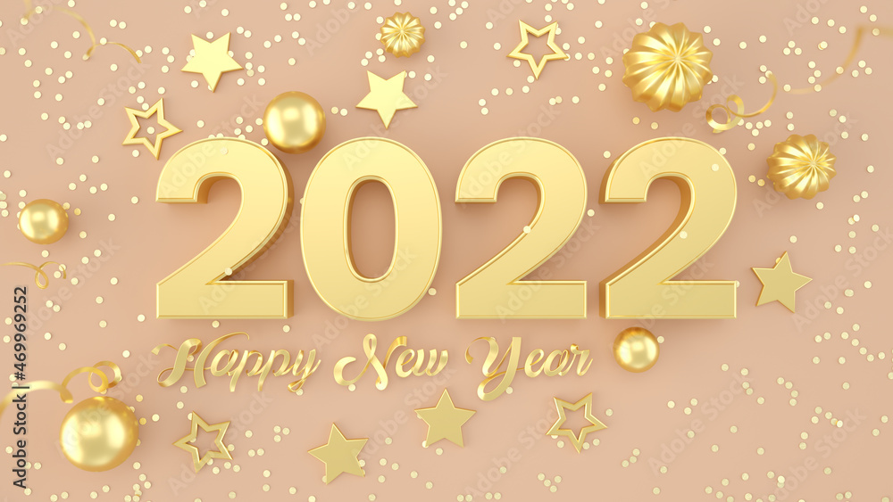 2022 year 3d background. Pink pastel and gold christmas balls background. New Year Christmas holiday templates. 3d rendering