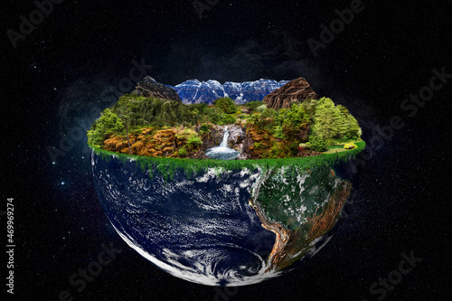 Valokuvatapetti Planet earth with garden of Eden concept floating in space