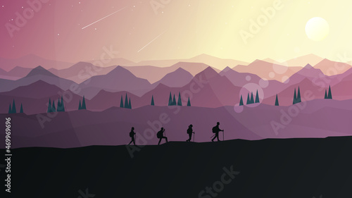 Travel concept of discovering, exploring, observing nature. Hiking tourism. Adventure. A team of friends climbs the mountains. Teamwork. Polygonal landscape illustration. Minimalist flat design © Yurii
