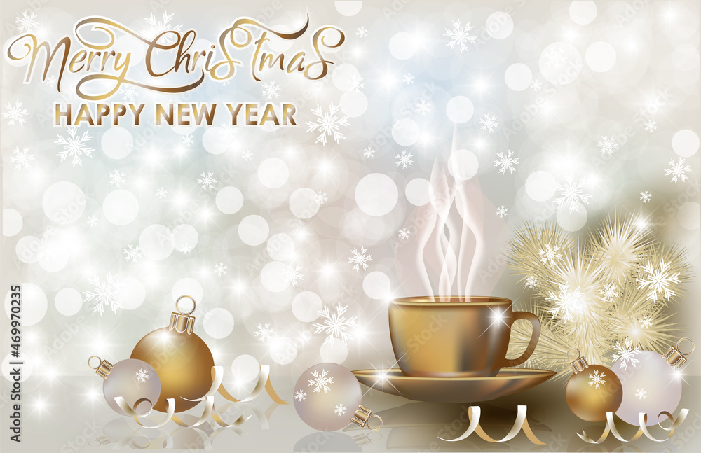 New Year and Happy Christmas card with xmas balls and coffee cap, vector illustration New Year and Happy Christmas card with xmas balls and coffee cap, vector illustration