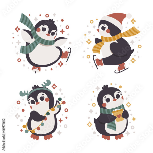 Christmas vector clipart set with skating Penguins, garland, cacao, stars, scarf