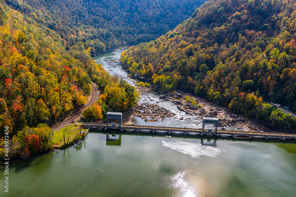 Fall Foliage and The Hawks Nest Dam From Hawks Nest Overlook, Hawks