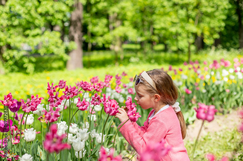 portrait of a very cute pretty girls blonde in a pink coat around the flower bed of tulips in the Park.Beautiful child smelling flowers on tulip fields. Child in tulip flower field