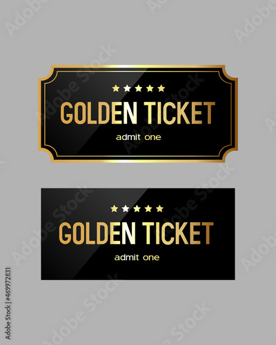 Two gold tickets in a gold frame. Golden ticket with stars and the inscription "Admit one". Vector illustration.	