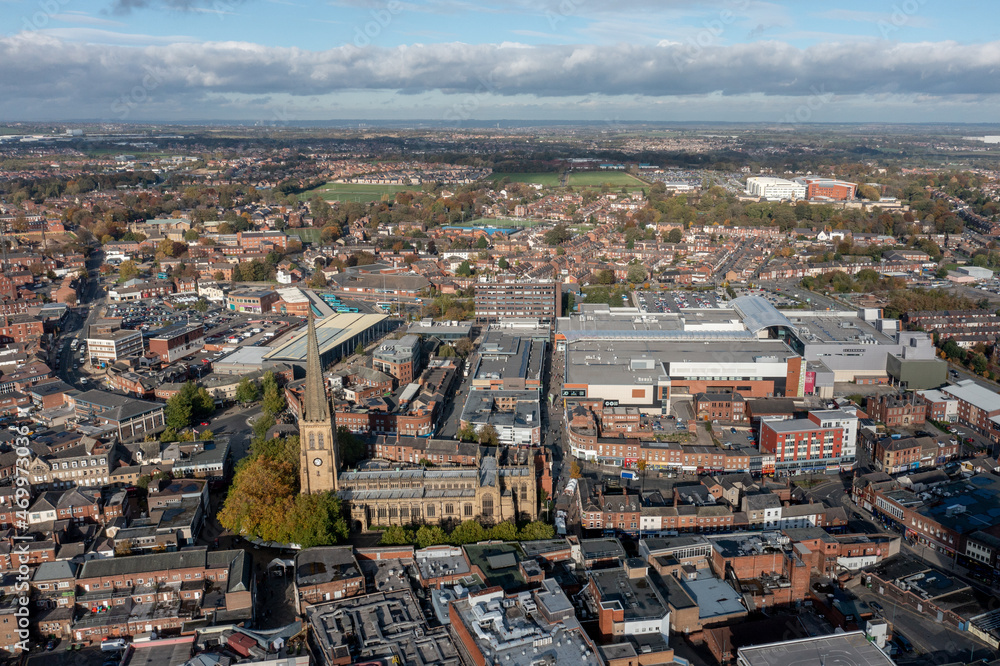 Wakefield West Yorkshire aerial view of the city centre and historic cathedral