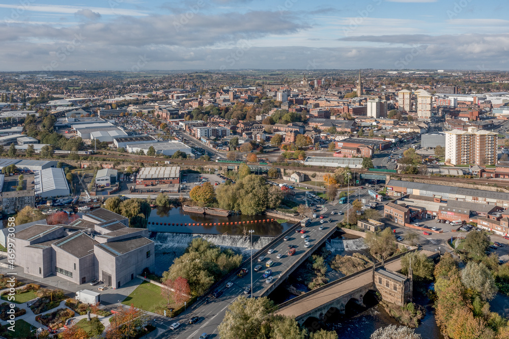 Wakefield West Yorkshire, united Kingdom, aerial view of the city centre and historic cathedral with Chantry Bridge and Hepworth Gallery