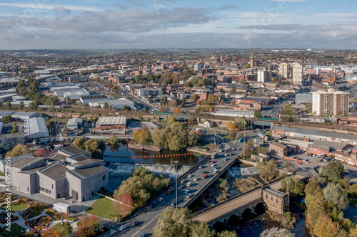 Wakefield West Yorkshire, united Kingdom, aerial view of the city centre and historic cathedral with Chantry Bridge and Hepworth Gallery