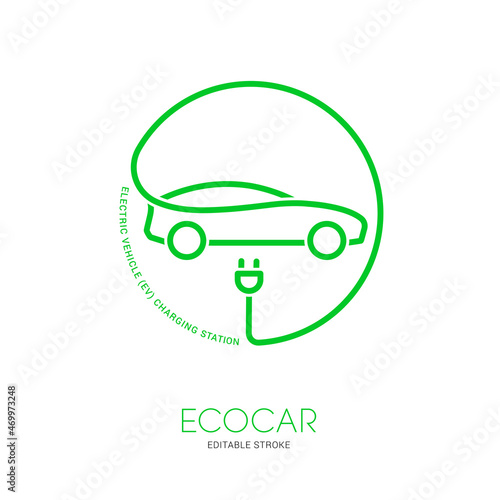 Electric car icon. Electrical cable plug charging green symbol. Eco friendly electric auto vehicle concept. Vector electricity illustration