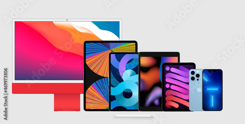 smartphone, tablet and laptop set with blank screen saver isolated on white background. realistic and detailed devices mockup. stock vector illustration