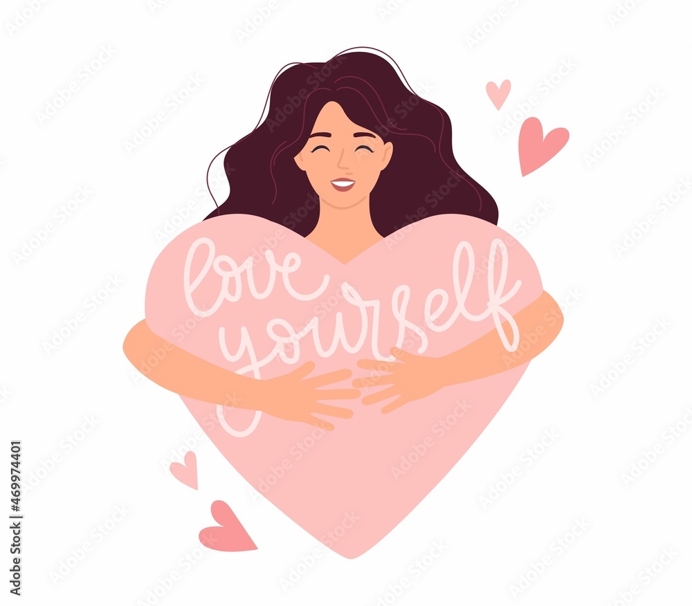 Love yourself concept with young woman holding a heart. Modern flat style self love vector illustration with lettering. Mental health, body positive, self care, women's day card with cute girl. Love yourself concept with young woman holding a heart. Modern flat style self love vector illustration with lettering. Mental health, body positive, self care, women's day card with cute girl.