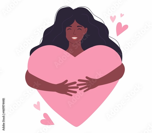 Love yourself concept with black woman holding a heart. Modern flat style self love vector illustration with lettering. Mental health, body positive, self care, women's day card with cute girl.