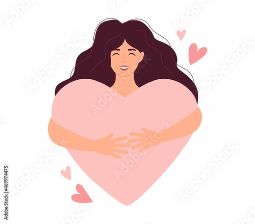 Love concept with young woman holding a heart. Modern flat style self love vector illustration. International women's day, Valentine's day, Mental health, body positive, self care card with cute girl.