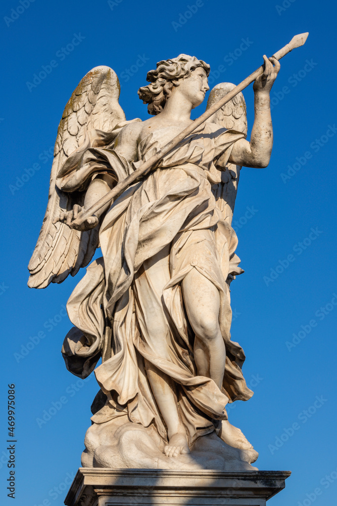 ROME, ITALY - SEPTEMBER 1, 2021: Angel with the Lance  on the Ponte Sant'Angelo - Angels bridge by Domenico Guidi (1625 – 1701).