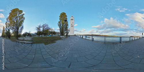 View of the tower clock in Montreal Vieux Port -Old Port during a fall afternoon