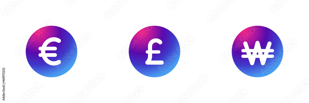 Set of 3 currency icon with purple gradient effect. Euro, British pound and Won icon. Set of 3 currency icon with purple gradient effect. Euro, British pound and Won icon.