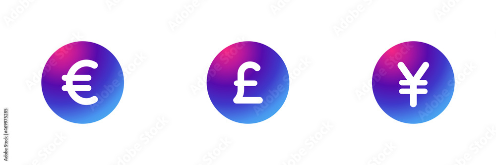 Set of 3 currency symbols on purple gradient background. Euro , British pound and Yen icons. Set of 3 currency symbols on purple gradient background. Euro , British pound and Yen icons.