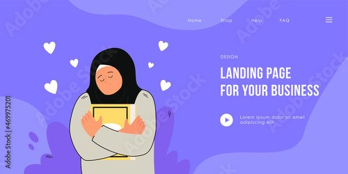 Happy nun hugging Bible. Flat vector illustration. Woman with head covered in scarf being in good mood and holding book tight. Faith, religion, Bible, love, harmony, reading concept for banner design