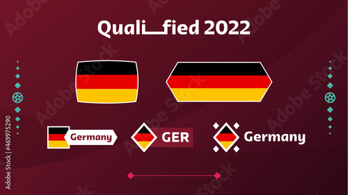 Set of Germany flag and text on 2022 football tournament background. Vector illustration Football Pattern for banner, card, website. national flag germany qatar 2022, world, cup