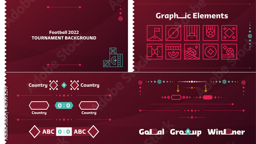 2022 Football or Soccer Championship design elements vector set. 2022 official empty color red background. Vectors, Banners, Posters, Social Media kit, templates, scoreboard, world, cup