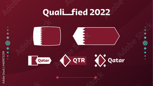 Set of Qatar flag and text on 2022 football tournament background. Vector illustration Football Pattern for banner, card, website. burgundy color national flag qatar 2022, world 
