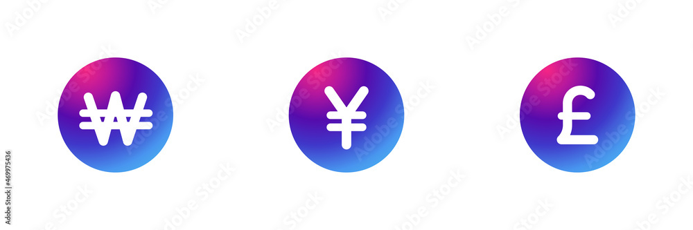 Set of 3 currency symbols with purple gradient effect. Won, Yen and British pound icons. Set of 3 currency symbols with purple gradient effect. Won, Yen and British pound icons.