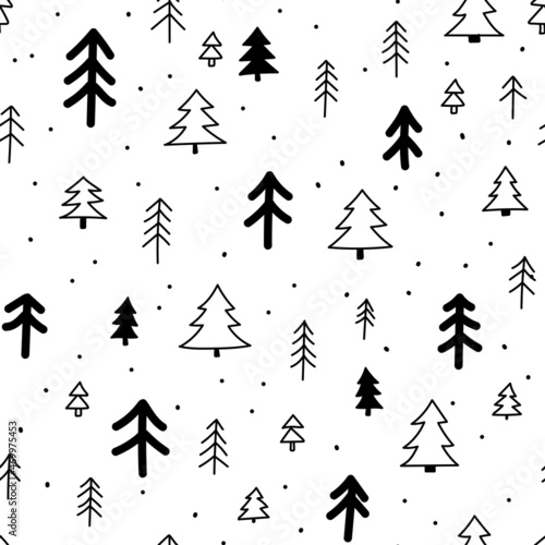 Seamless pattern with fir-tree, snow. Hand drawing vector illustration. Christmas background. Texture for print, textile, packaging.