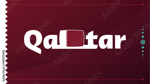 Qatar flag and text on 2022 football tournament background. Vector illustration Football Pattern for banner, card, website. burgundy color national flag qatar 2022, world cup 