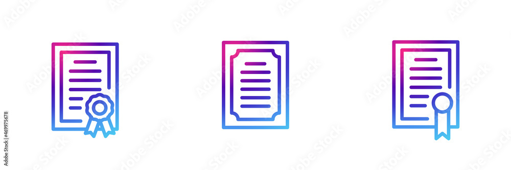 Set of 3 outline certifciate icon purple gradient effect. Set of 3 outline certifciate icon purple gradient effect.