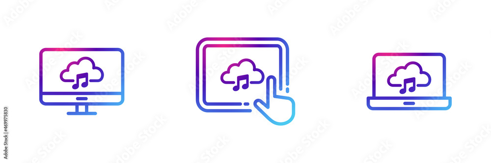 Set of 3 smart devices with music cloud icon with purple gradient effect. Set of 3 smart devices with music cloud icon with purple gradient effect.