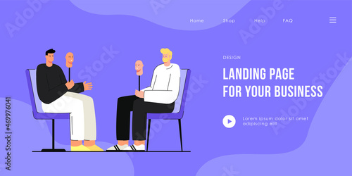 Two cartoon men taking off their masks, becoming sincere. Flat vector illustration. Men sitting opposite each other, holding face masks, hiding feelings. Dissimulation, honesty, disguise concept