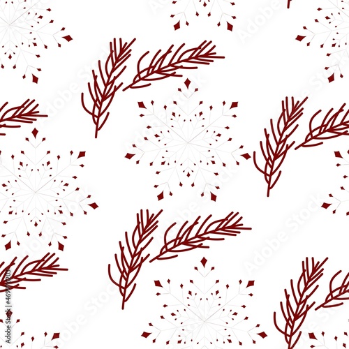 Vector. Christmas, New Year seamless pattern. Design templates for typographic products. Minimalistic background for branding, banner, cover, postcard. Simple hand drawn spruce branch and snowflakes.
