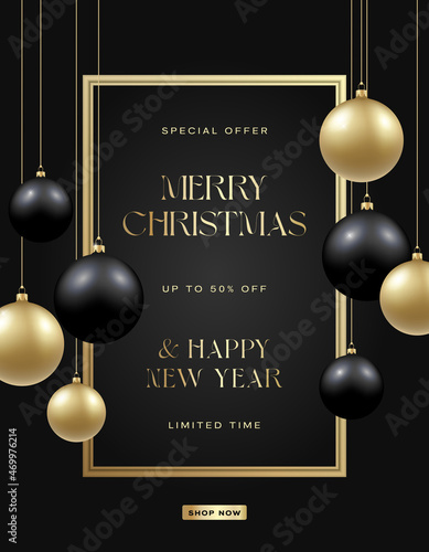 Christmas Black and Golden Baubles on Dark Background. Modern Golden Glitter Greetings Classic Frame Template. Winter Holiday Social Media Card or Poster Mockup New Year 3D Ball Social Network Banner