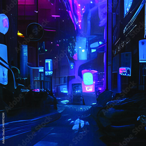 Cyberpunk abstract futuristic background resembling a street of a night futuristic city. Future neon concept. Blue and purple glowing neon lights. Vector illustration. EPS 10.