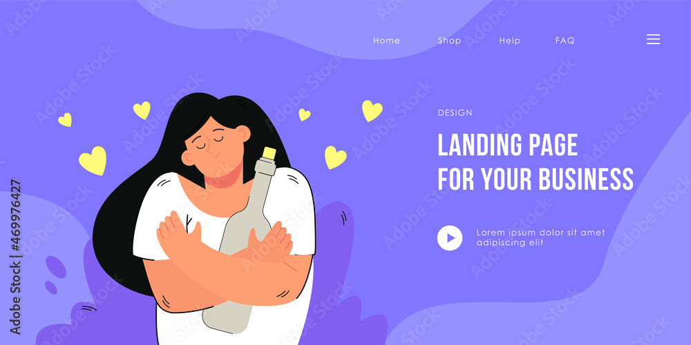 Happy girl hugging bottle of vine. Flat vector illustration. Woman being in good mood and holding glass bottle of alcohol with cork. Drinking, alcohol, lifestyle, addiction concept for banner design Happy girl hugging bottle of vine. Flat vector illustration. Woman being in good mood and holding glass bottle of alcohol with cork. Drinking, alcohol, lifestyle, addiction concept for banner design
