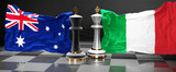 Australia Italy summit, meeting or aliance between those two countries that aims at solving political issues, symbolized by a chess game with national flags, 3d illustration