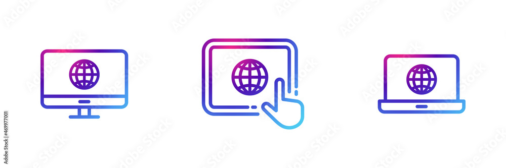 Set of 3 smart devices with globe icon with purple gradient effect. Set of 3 smart devices with globe icon with purple gradient effect.