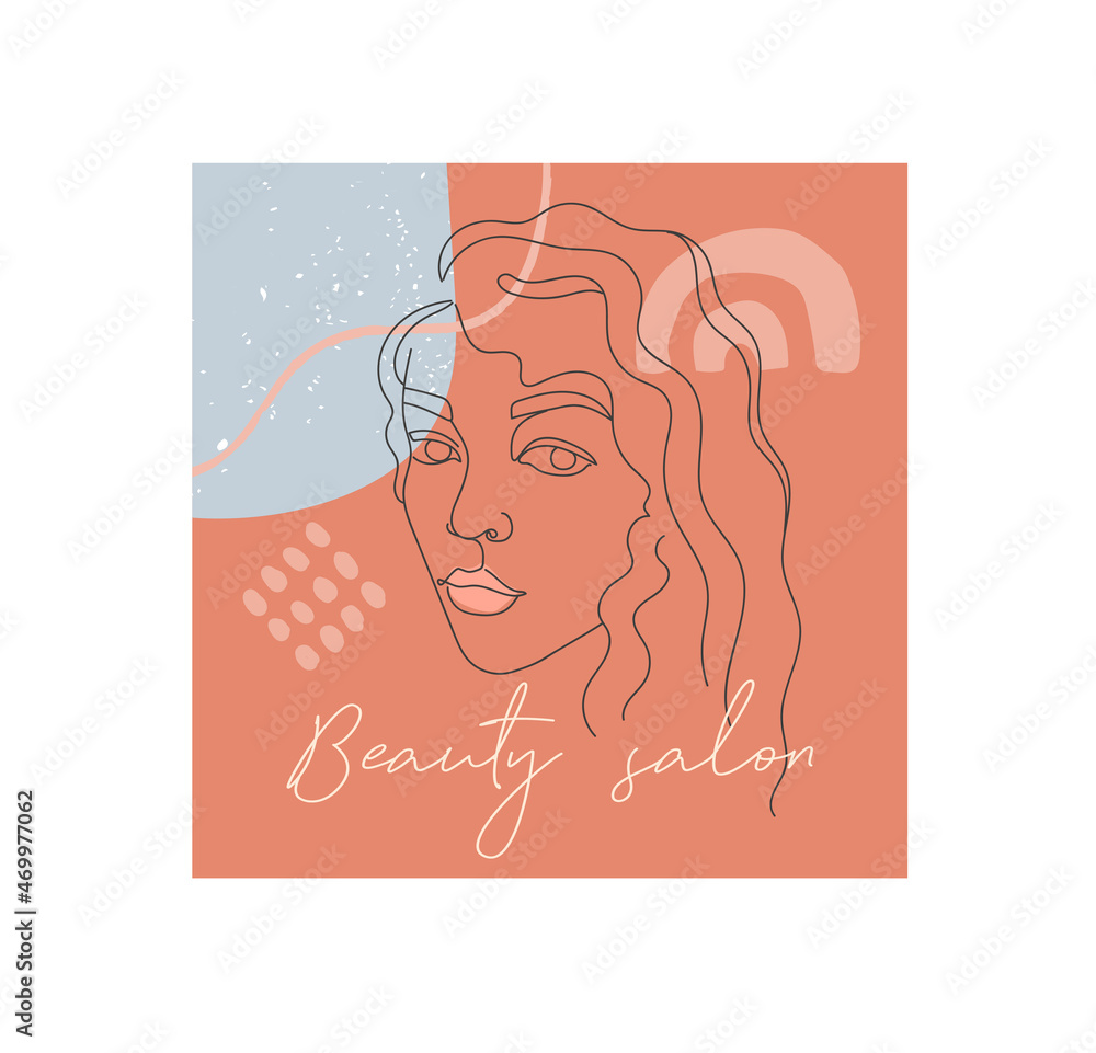 Fototapeta premium Beauty Studio template. Colorful coral poster with abstract shape, dots, inscription and portrait of beautiful woman. Design element for cover and advertising banner. Cartoon flat vector illustration
